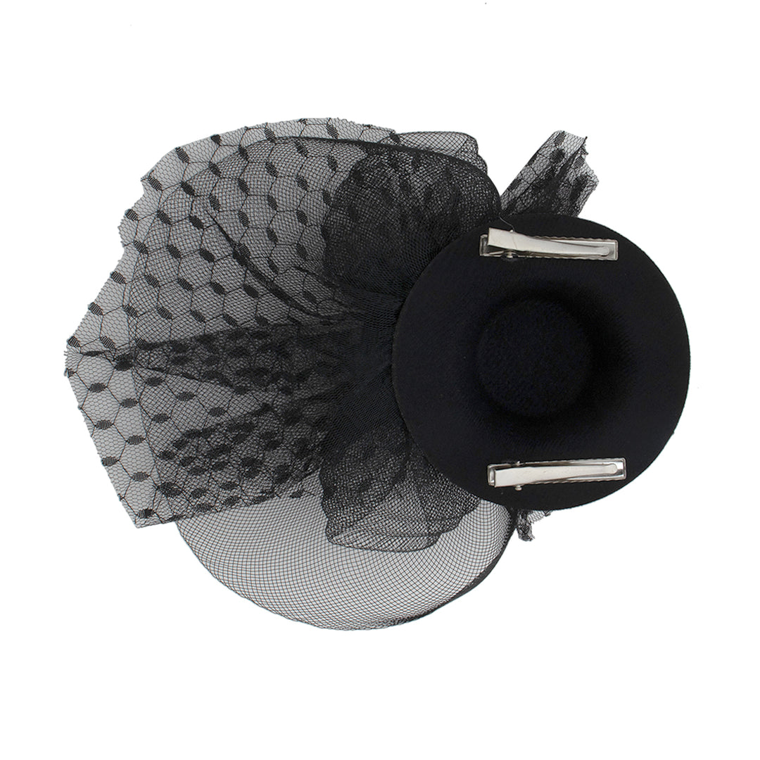 Radhu & Kabby Black Fascinator Hat with Hexagonal Mesh Veil Bow and Roses | Two Alligator Clips for Grip