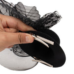 Load image into Gallery viewer, Radhu &amp; Kabby Black Fascinator Hat with Hexagonal Mesh Veil Bow and Roses | Two Alligator Clips for Grip