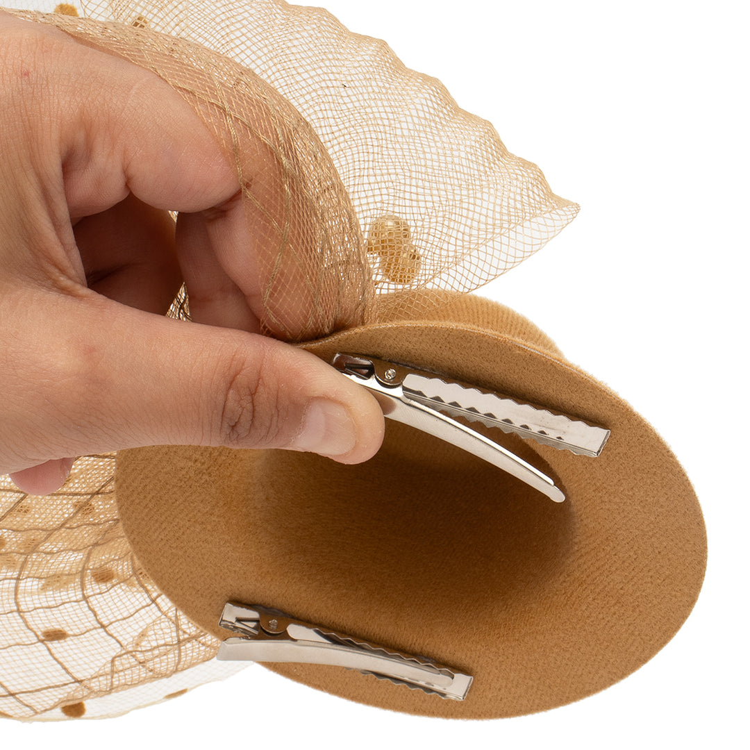 Radhu & Kabby Fascinator Hat for Girls/Women | Brown Hat with Polka Dot Veil, Mesh Bow | Hair Accessory for Weddings, Outings and Special Events