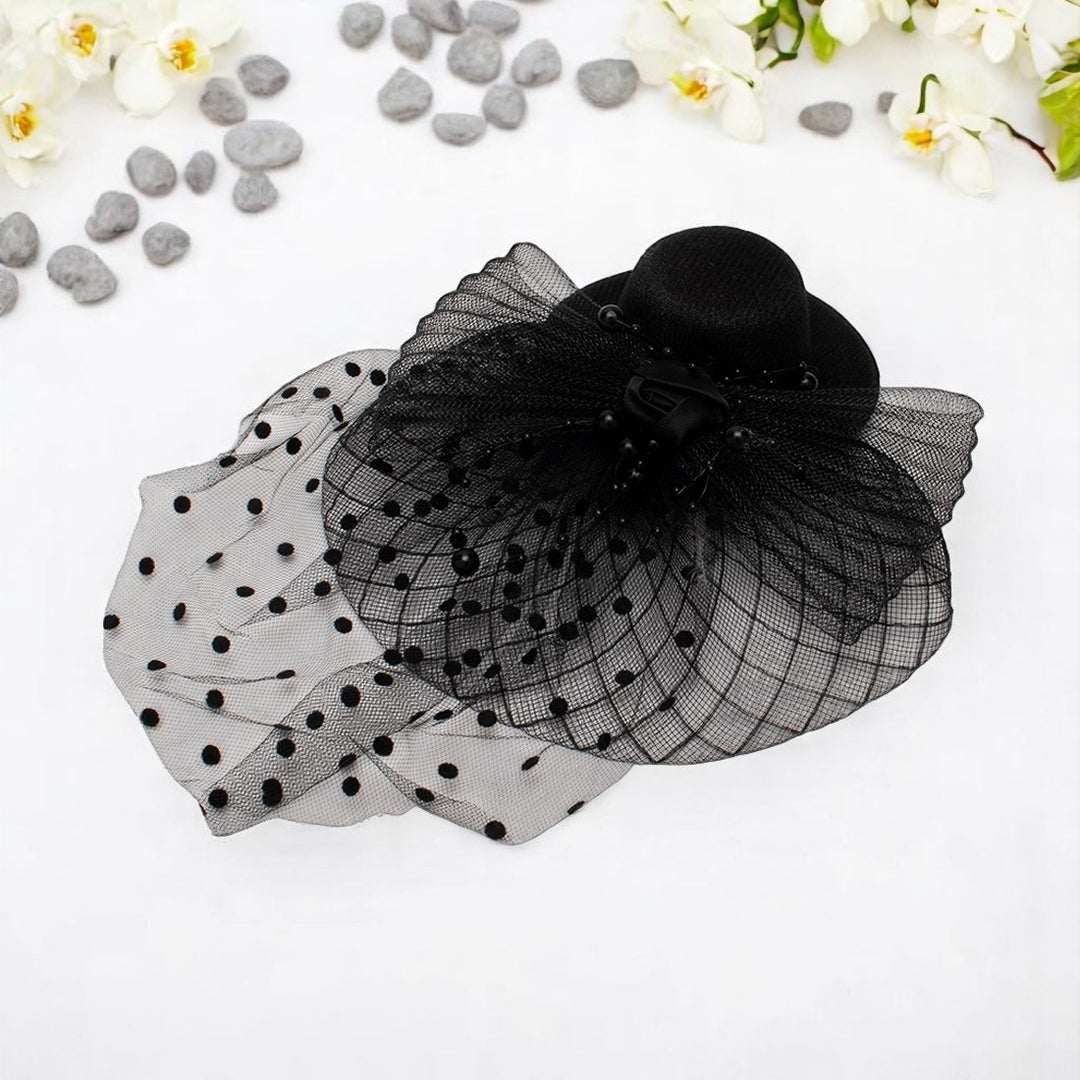 Radhu & Kabby Fascinator Hat for Girls/Women | Black Hat with Polka Dot Veil, Mesh Bow | Hair Accessory for Weddings, Outings and Special Events