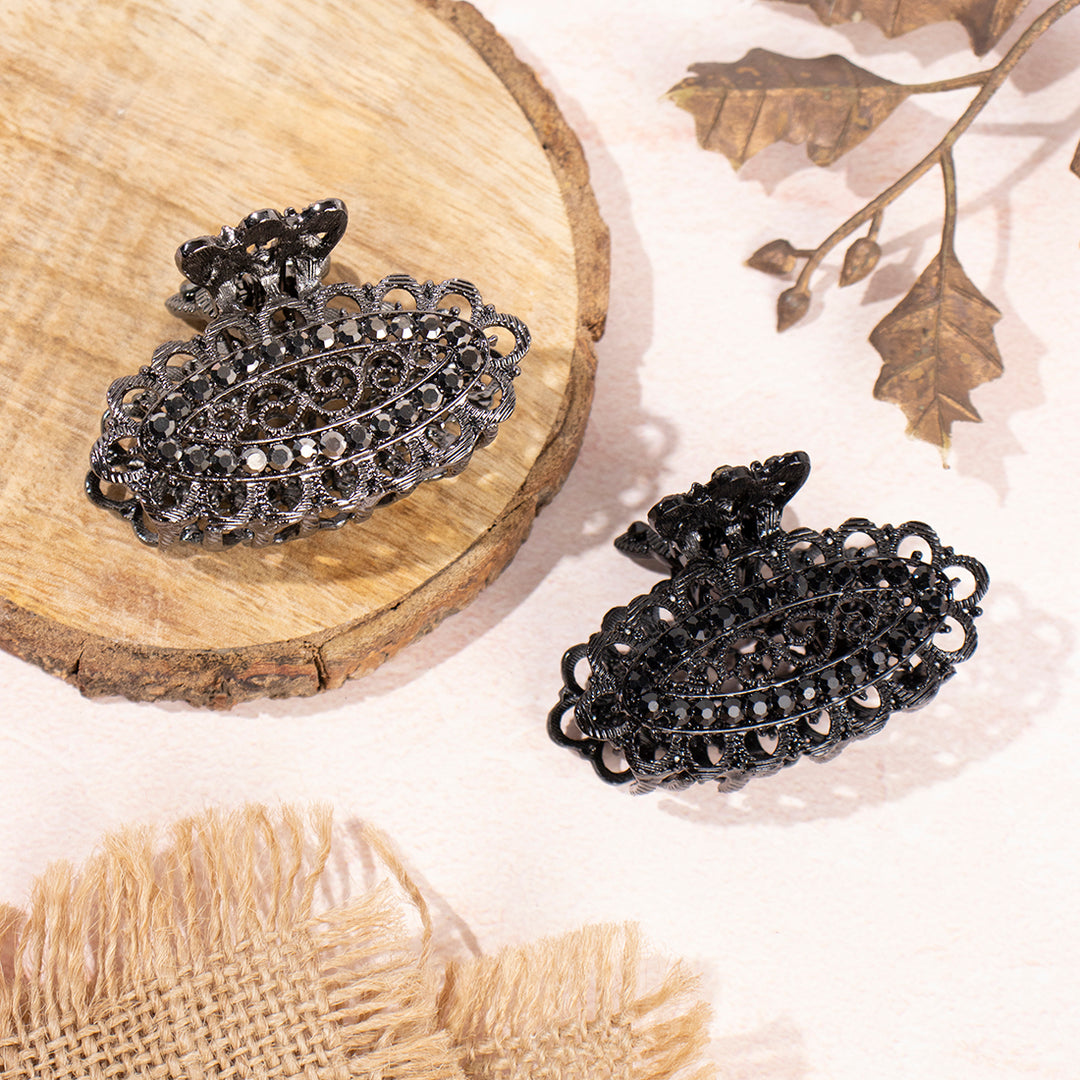 Vintage Black Rhinestone Hair Claw Clips – Set of 2 Elegant Hair Accessories