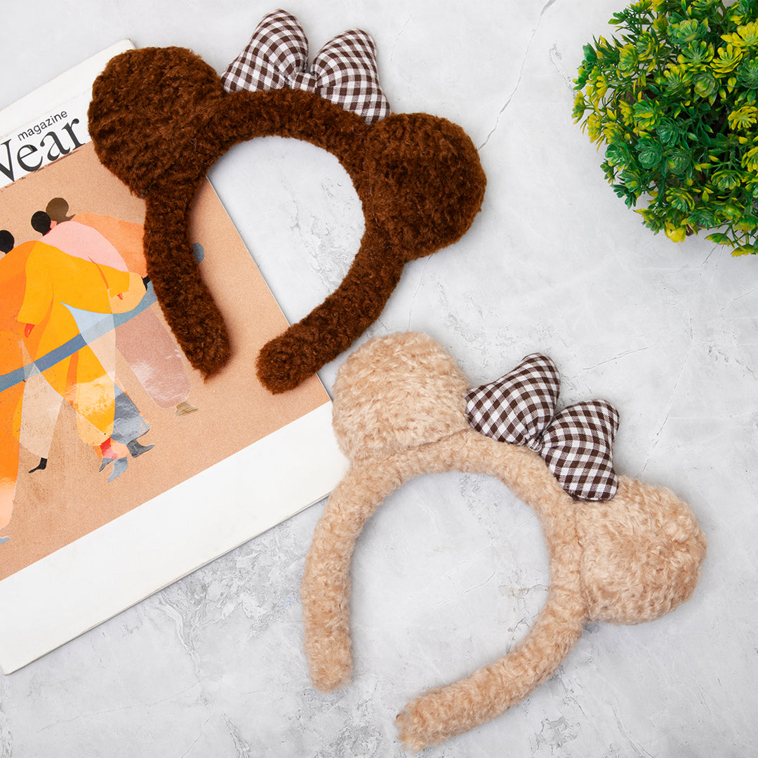 Plush Brown Bear Ear Headband with Checkered Bow For Girls One Piece