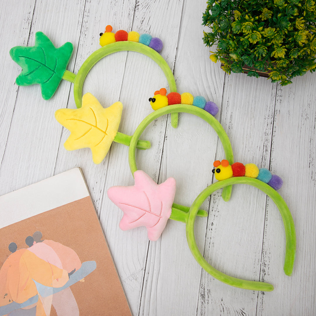 Plush Kids Hairband with Rainbow Caterpillar & Pink Flower Design