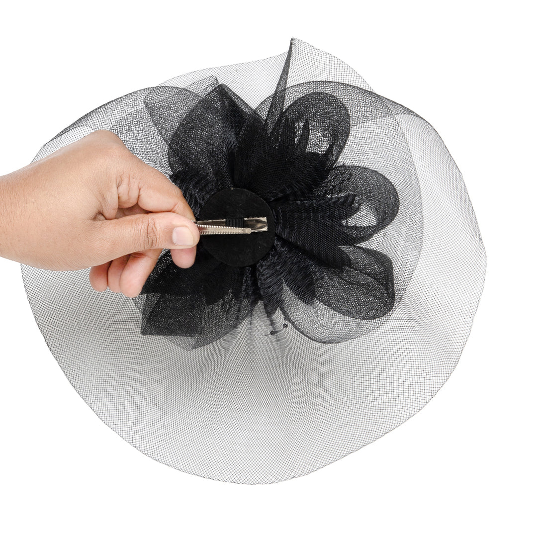 Radhu & Kabby Floral Fascinator Hat for Women | Set of 1 Stylish Black Hat with Alligator Clips & Headband