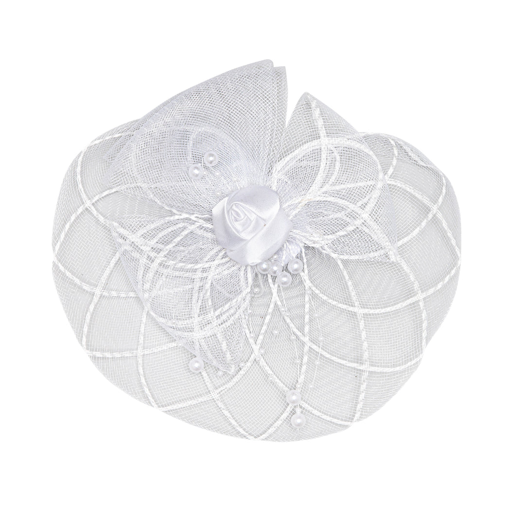 Radhu & Kabby Elegant White Fascinator Hat for Girls/Women | Pearl Mesh Flower Design | Party Accessory