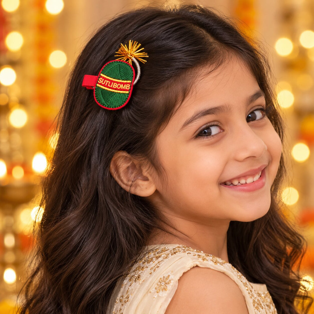 Radhu & Kabby Diwali Festive Hair Clips for Girls & Women | Embroidered Sutli Bomb & Dhamaka Hair Accessories | Set of 4