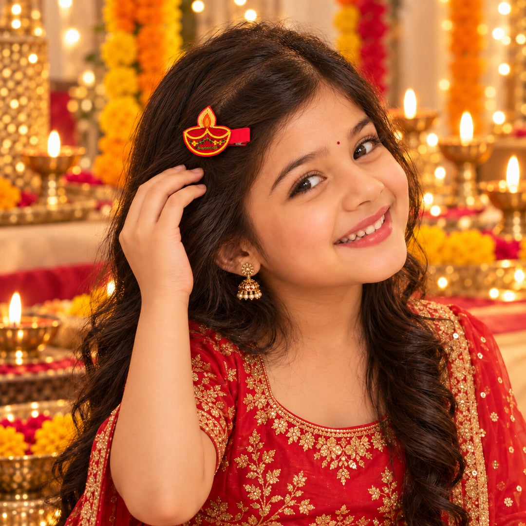 Radhu & Kabby Diwali Hair Clips for Girls & Women | Diya & Fuljhadi Embroidered Festive Hair Accessories | Set of 4