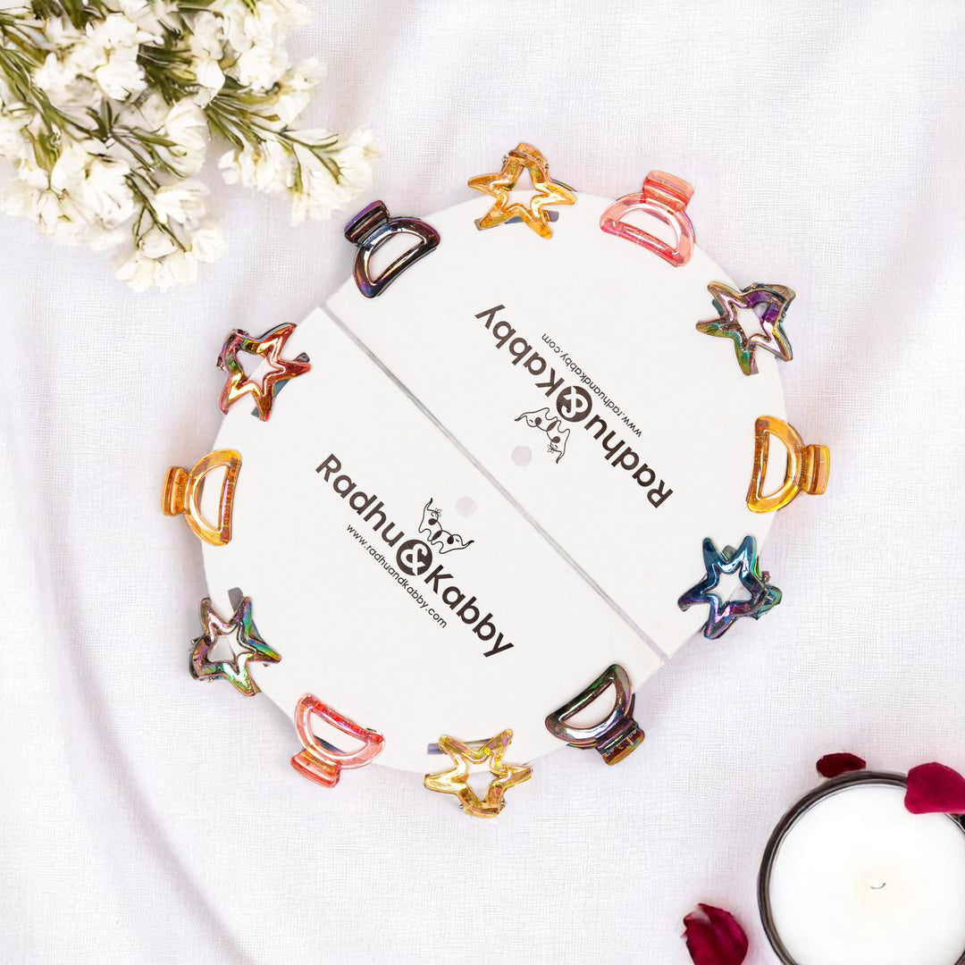 Radhu & Kabby Multicolor Mini Claw Clips for Girls | 12-Piece Star & Arch Set Glossy Acrylic Finish | Strong Hold Hair Accessories for Everyday & Festive Use