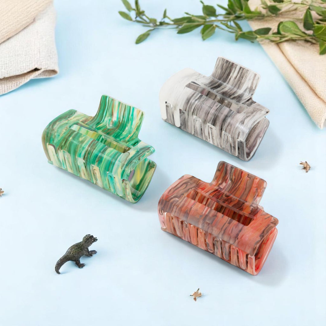 Radhu & Kabby Large Marble Finish Hair Clutcher Clips | Set of 3 Rectangle Claws in Multicolor Tones | Strong Grip for Thick Hair | Stylish Daily Hair Accessories