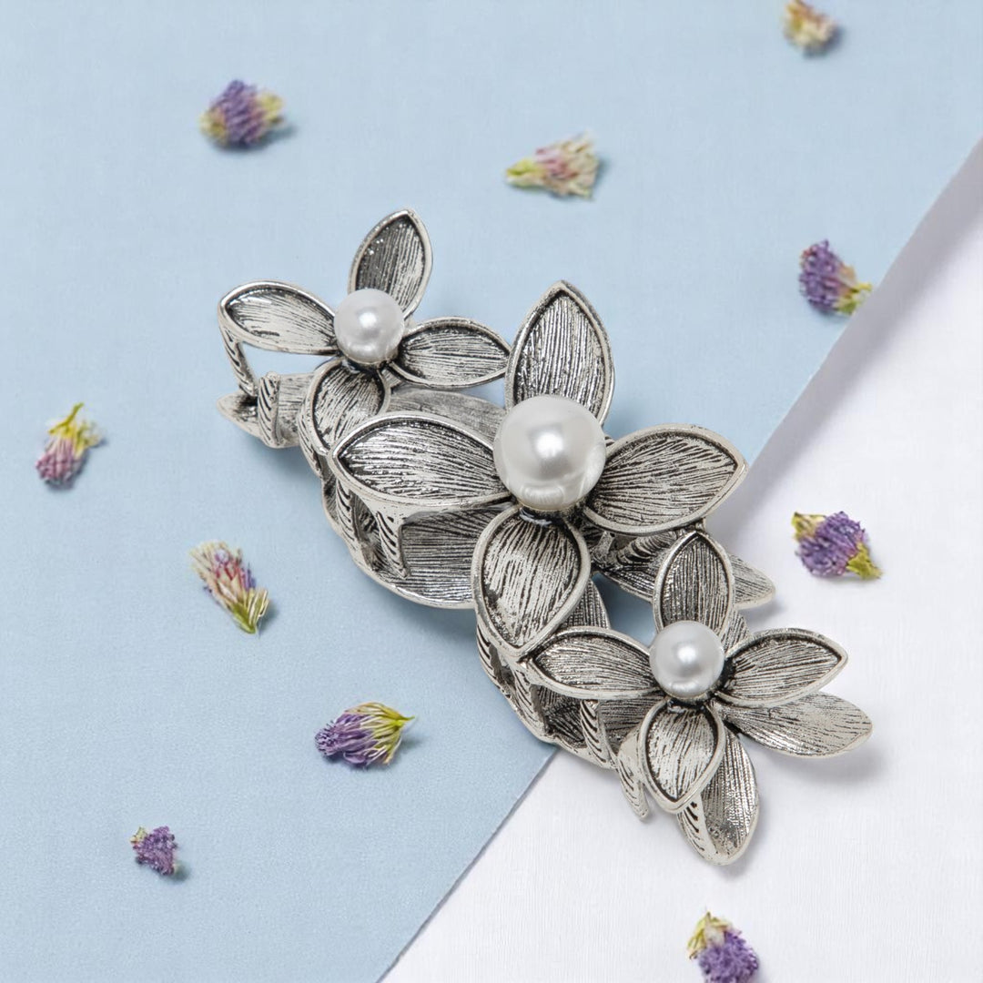 Elegant Floral Pearl Hair Claw Clip - Vintage Metal Flower Hair Accessory