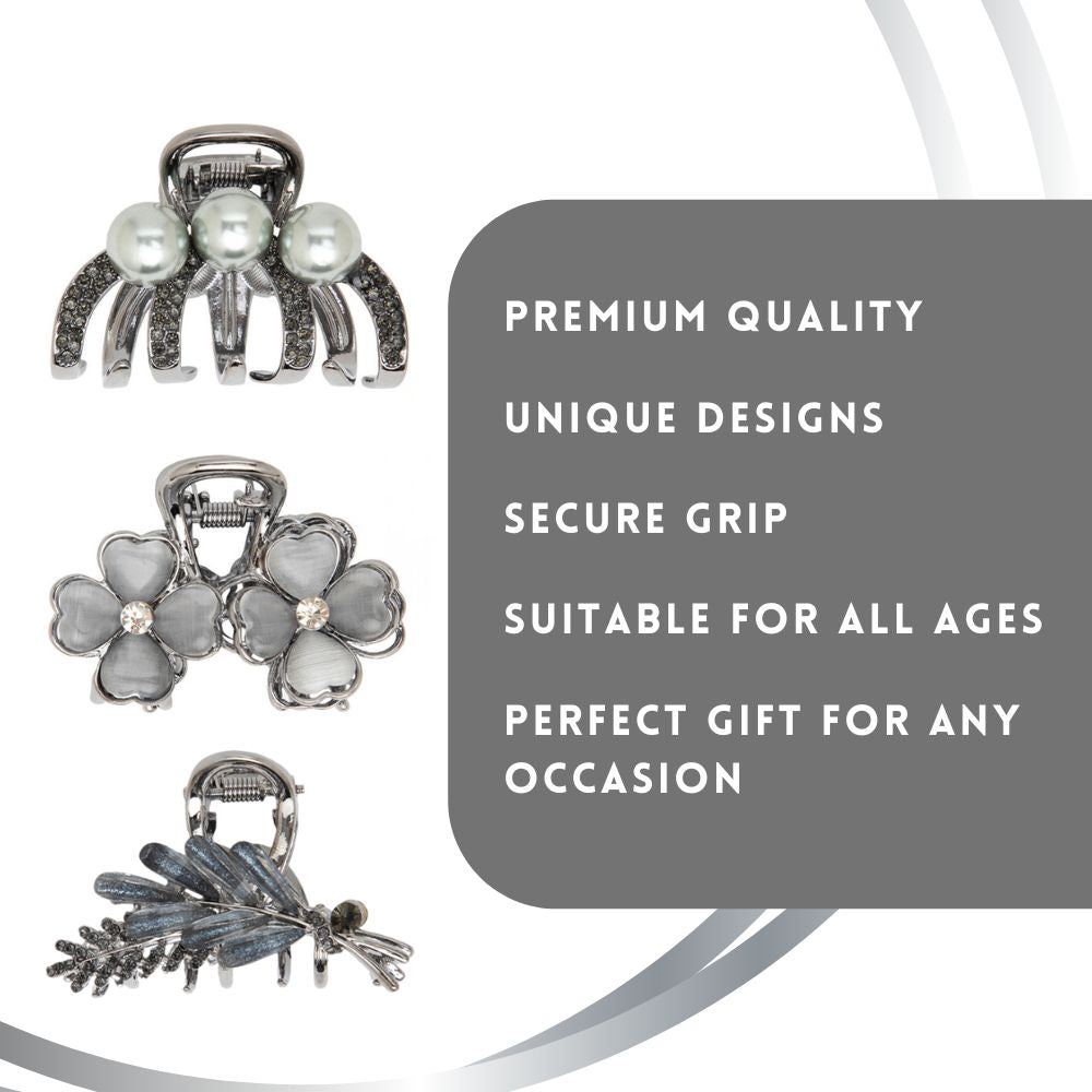 Elegant Silver Hair Clutcher Set for Women & Girls | Floral, Pearl & Leaf Design | Strong Grip & Stylish Metal Finish