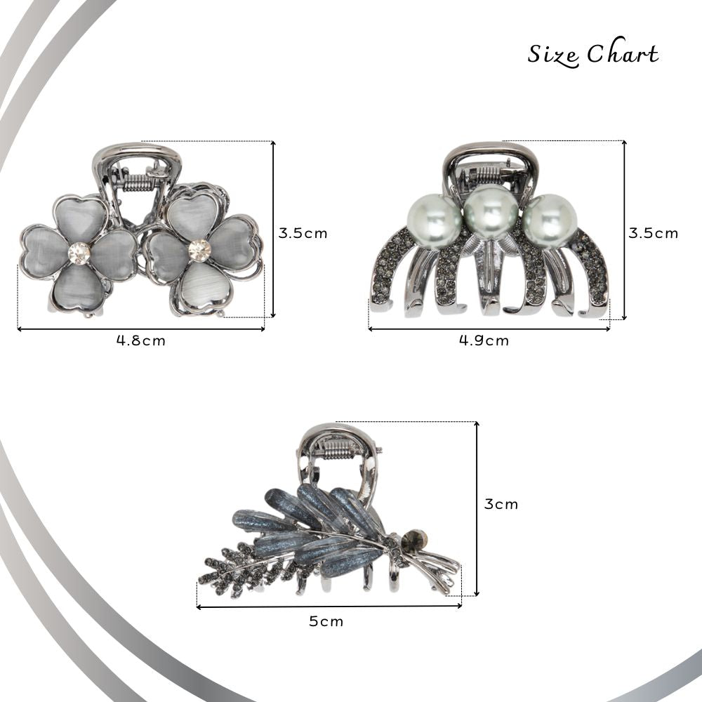 Elegant Silver Hair Clutcher Set for Women & Girls | Floral, Pearl & Leaf Design | Strong Grip & Stylish Metal Finish