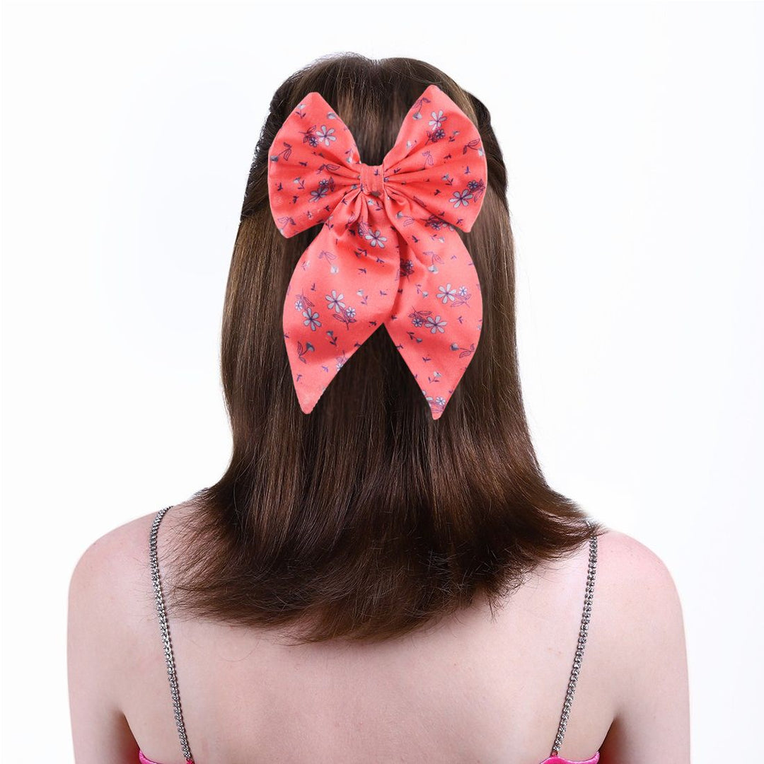 Floral Print Coral Satin Hair Bow Clip Hairpin Pack of 1