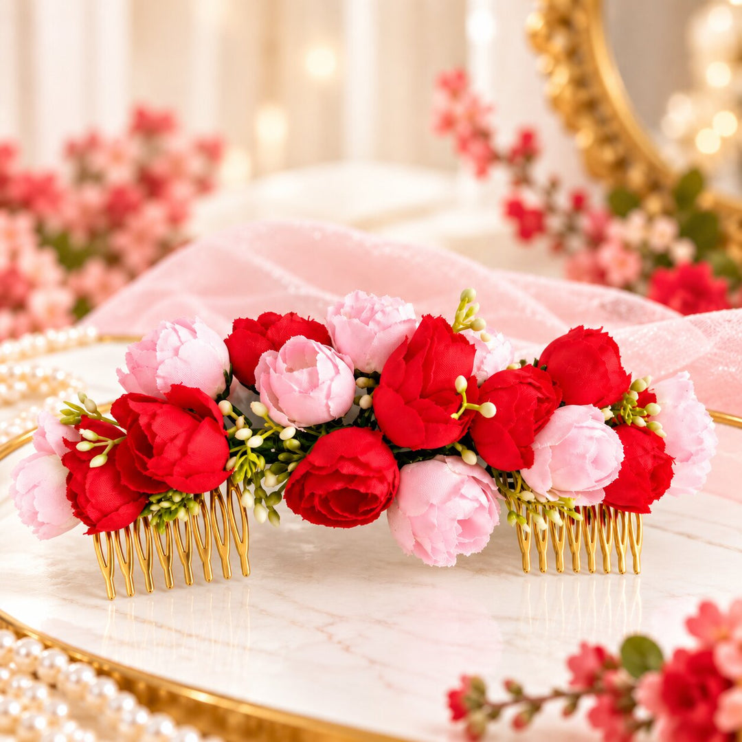 Radhu & Kabby Rose Garden Floral Hair Combs for Women | Red & Pink Flower Hair Accessories for Bun Updo Party & Festive Looks Set of 2
