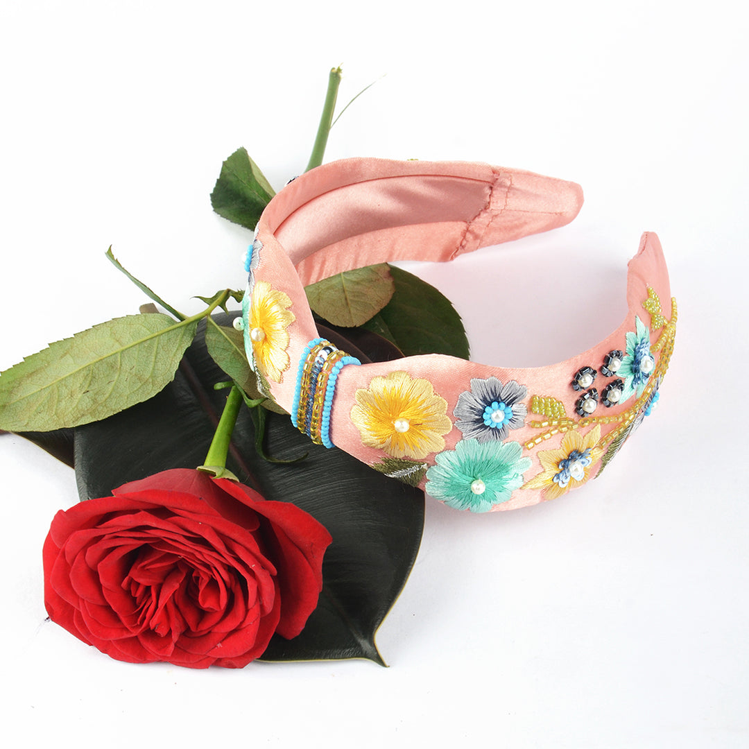 Peach Floral Embroidered Headband For Women & Girls Pack of 1