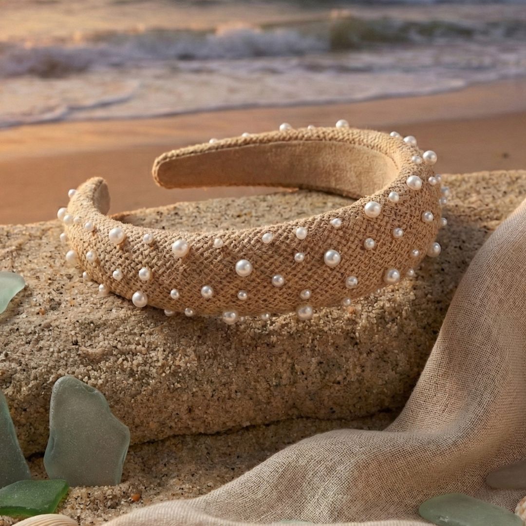 Radhu & Kabby Elegant Beige Jute Fabric Hairband Decorated with White Pearls | Stylish Hair Accessory for Girls & Women