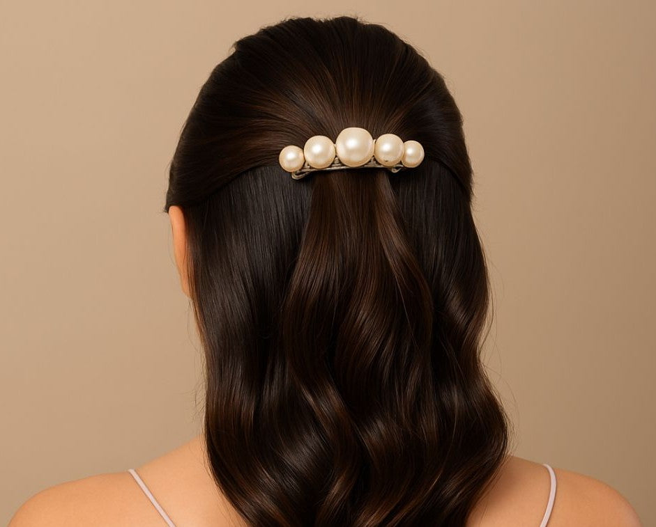 Radhu & Kabby Off White Pearl Barrette | Classy White Finish | Strong Grip & Anti-Slip Design