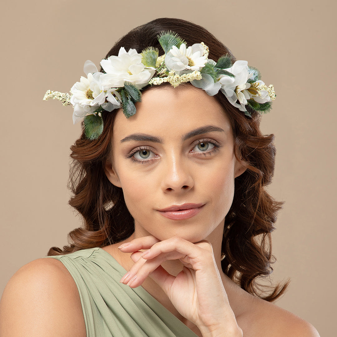 Radhu & Kabby Hair Tiara for Girls & Women | White Daisy & Green Leaf Design | Boho-Inspired Adjustable Tiara