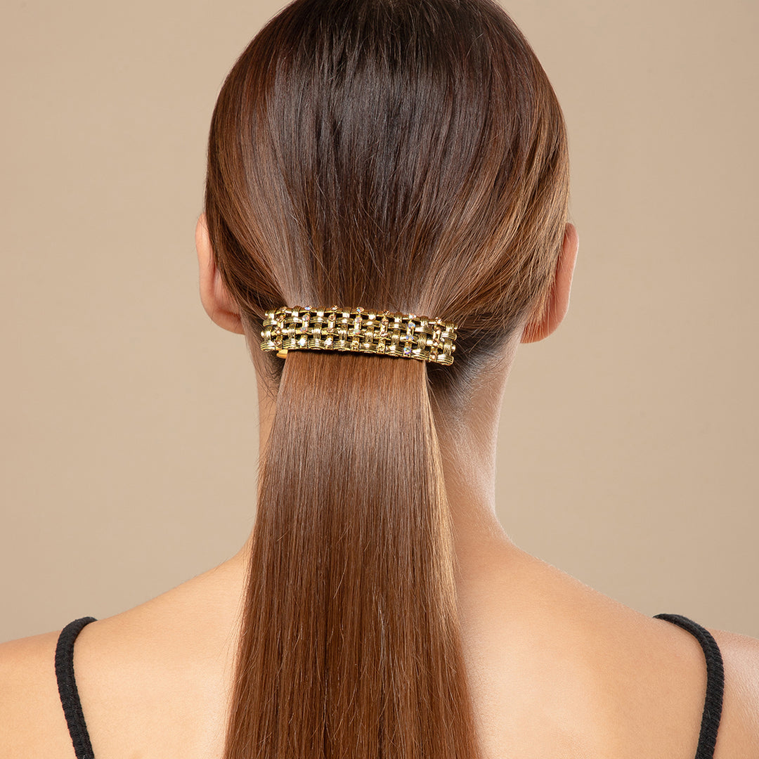 Golden Metal Barrette Hair Clip - Crystal Accents Hair Accessory for Women 1 Piece