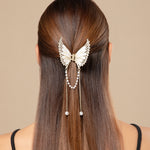 Load image into Gallery viewer, Butterfly Hair Clutcher with Pearl Chain and White Coloured Stones - Golden Finish
