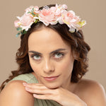 Load image into Gallery viewer, Radhu &amp; Kabby Pink Floral Hair Tiara Headband for Girls/Women | Elegant Accessory for Haldi, Weddings, Photoshoots, Baby Showers &amp; Parties
