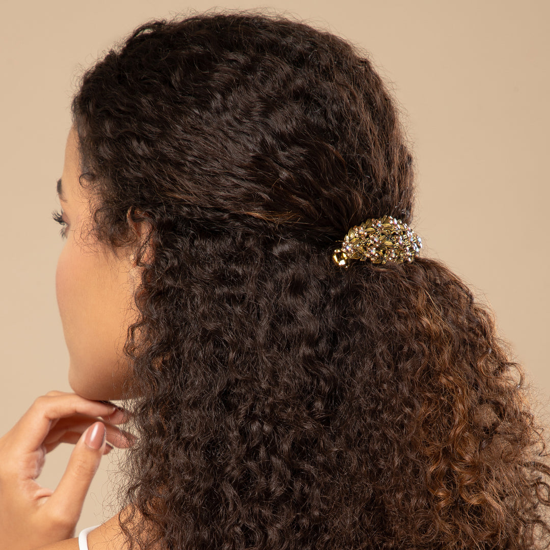 Radhu & Kabby Golden Floral Barrette with Bead Accents | Set of 1 Metal Hair Accessory for Women | French Barrette Hair Clips