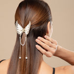 Load image into Gallery viewer, Butterfly Hair Clutcher with Pearl Chain and White Coloured Stones - Golden Finish
