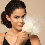 Load image into Gallery viewer, Radhu &amp; Kabby Fascinator Hat for Girls/Women | Set of 1 Lemon Hat with Polka Dot Veil, Mesh Bow | Two Alligator Clips for Grip