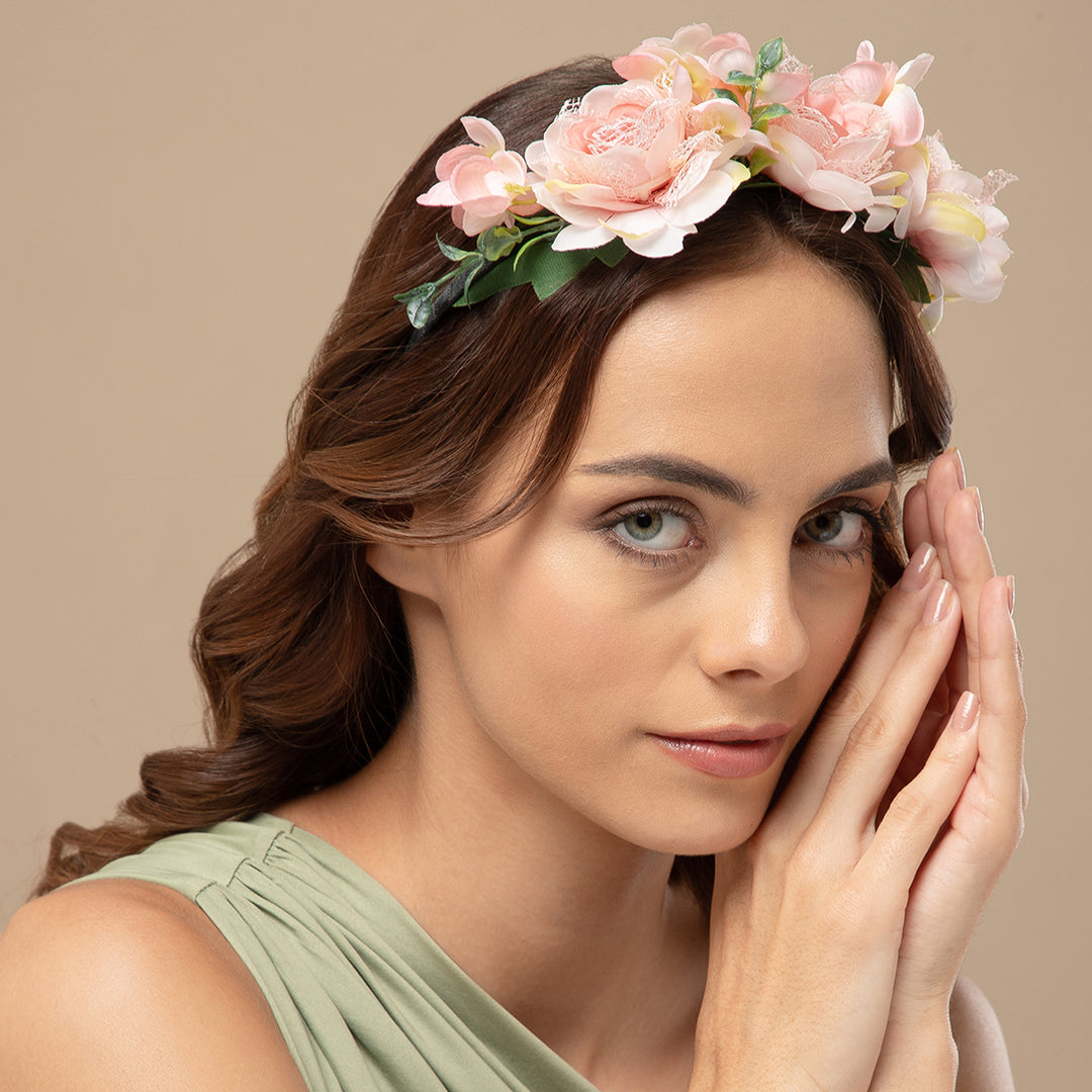 Radhu & Kabby Pink Floral Hair Tiara Headband for Girls/Women | Elegant Accessory for Haldi, Weddings, Photoshoots, Baby Showers & Parties