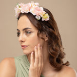Load image into Gallery viewer, Radhu &amp; Kabby Pink Floral Hair Tiara Headband for Girls/Women | Elegant Accessory for Haldi, Weddings, Photoshoots, Baby Showers &amp; Parties
