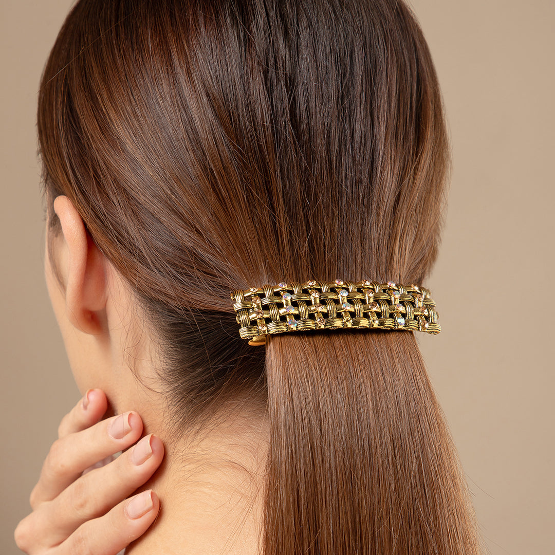 Golden Metal Barrette Hair Clip - Crystal Accents Hair Accessory for Women 1 Piece