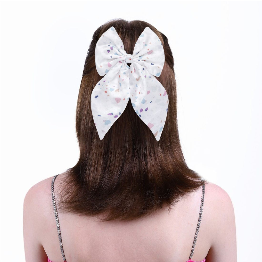 White Satin Hair Bow Clip with Confetti Print Set of 1