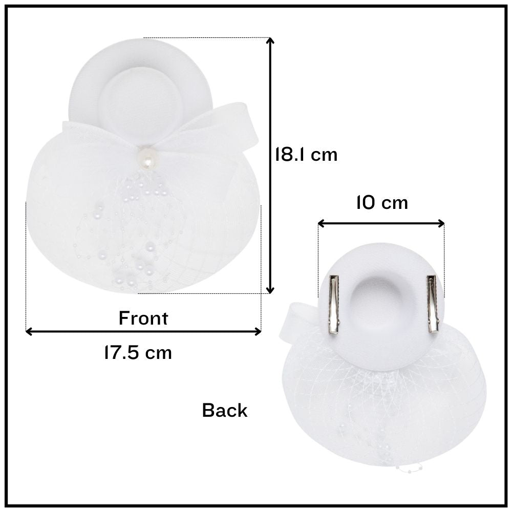 Radhu & Kabby Fascinator Hat for Girls/Women | White Hat with Pearl & Mesh Bow | Hair Accessory for Weddings, Events & Special Occasions