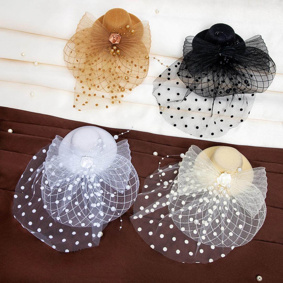 Radhu & Kabby Fascinator Hat for Girls/Women | Brown Hat with Polka Dot Veil, Mesh Bow | Hair Accessory for Weddings, Outings and Special Events