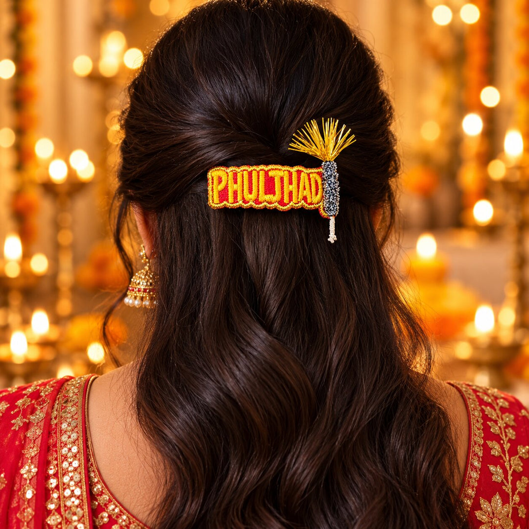 Radhu & Kabby Diwali Embroidered Hair Clips for Girls & Women | Phuljhadi & Bomb Festive Hair Accessories