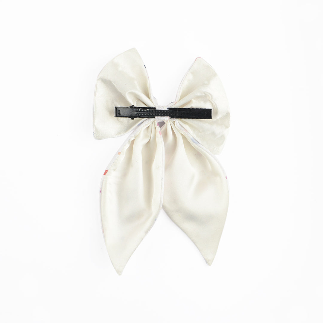 White Satin Hair Bow Clip with Confetti Print Set of 1