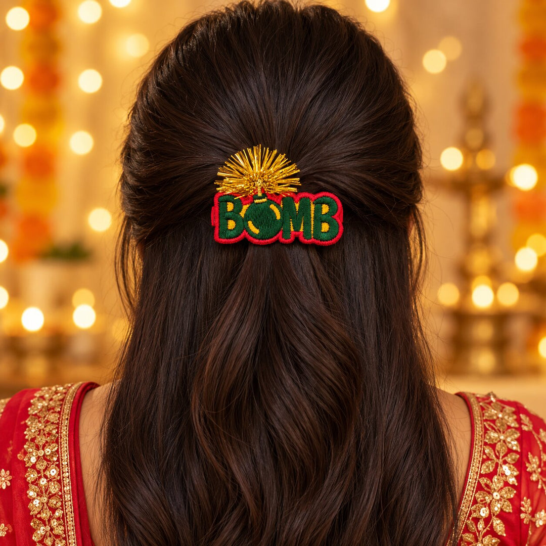Radhu & Kabby Diwali Embroidered Hair Clips for Girls & Women | Phuljhadi & Bomb Festive Hair Accessories