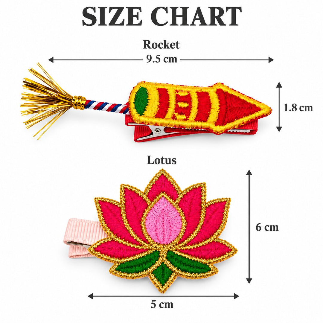 Rocket & Lotus Embroidered Diwali Hair Clips – Set of 4