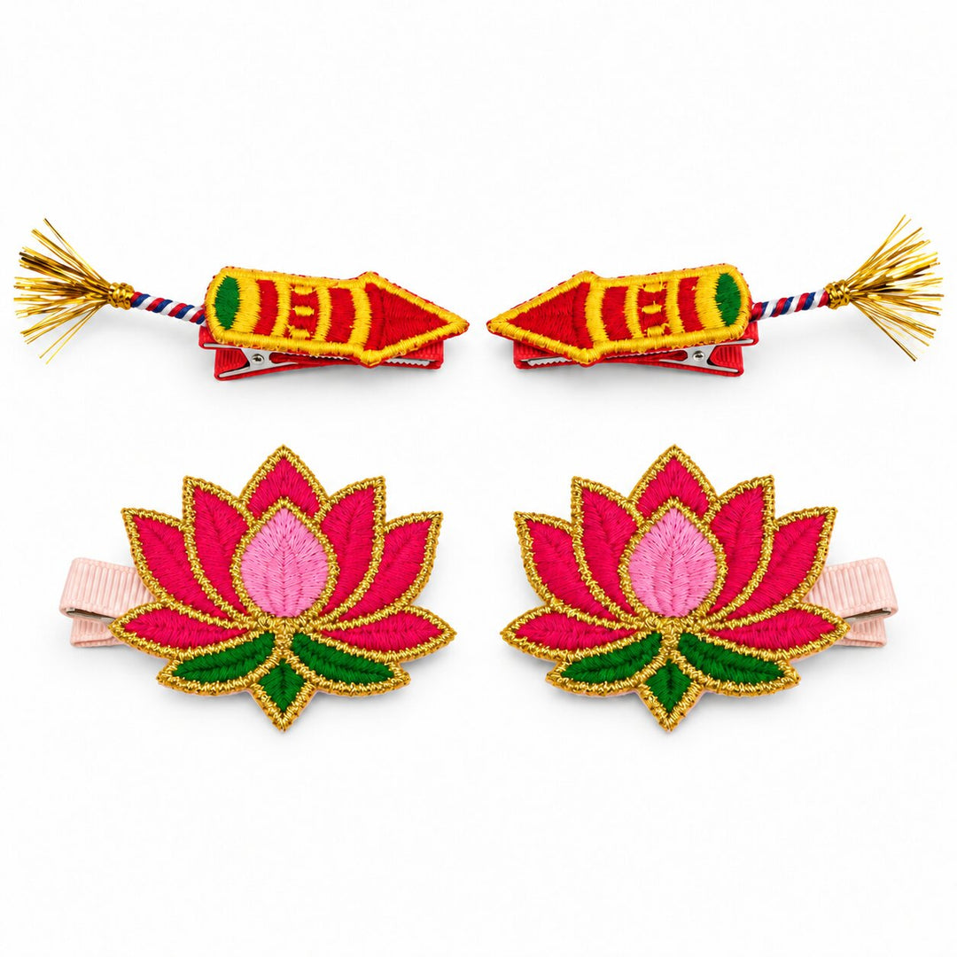 Radhu & Kabby Diwali Hair Clips for Girls & Women | Rocket & Lotus Embroidered Festive Hair Accessories | Set of 4