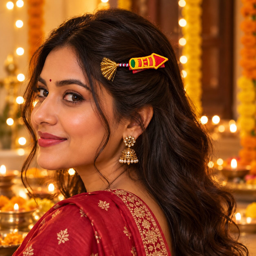 Radhu & Kabby Diwali Hair Clips for Girls & Women | Rocket & Lotus Embroidered Festive Hair Accessories | Set of 4
