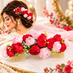 Load image into Gallery viewer, Radhu &amp; Kabby Rose Garden Floral Hair Combs for Women | Red &amp; Pink Flower Hair Accessories for Bun Updo Party &amp; Festive Looks Set of 2
