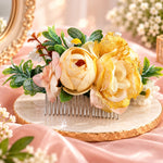 Load image into Gallery viewer, Radhu &amp; Kabby Golden Bloom Floral Hair Comb for Women | Yellow Flower Hair Accessory for Bun Updo Party &amp; Festive Hairstyles