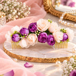 Load image into Gallery viewer, Radhu &amp; Kabby Purple Bloom Floral Hair Combs for Women | Ivory Flower Hair Accessories for Bun Updo Party &amp; Festive Looks  Set of 2