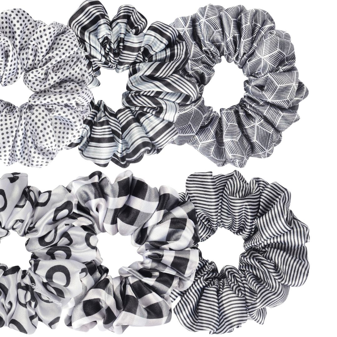 Hair Scrunchies Black & White Patterned Set of 6