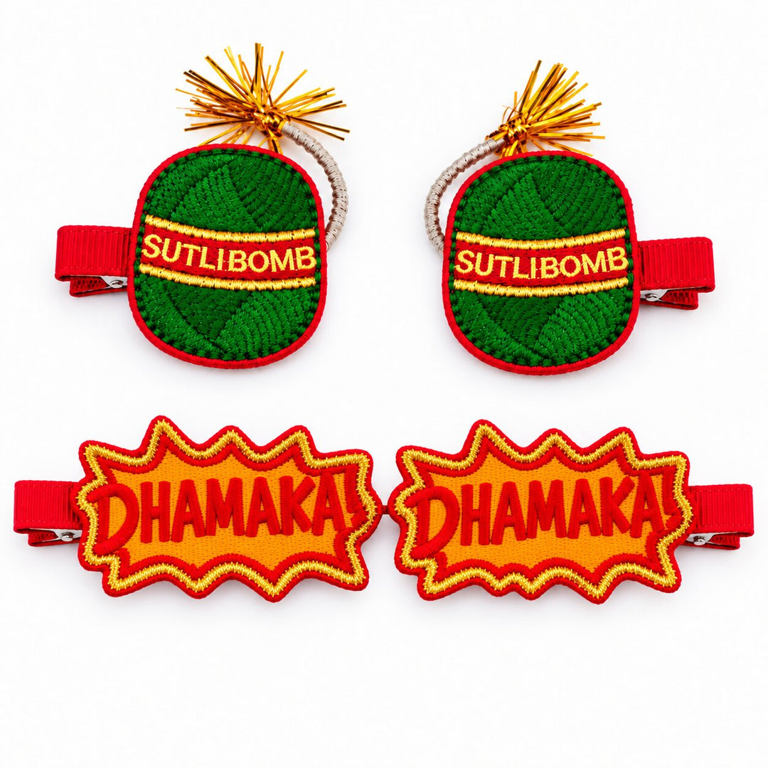Radhu & Kabby Diwali Festive Hair Clips for Girls & Women | Embroidered Sutli Bomb & Dhamaka Hair Accessories | Set of 4