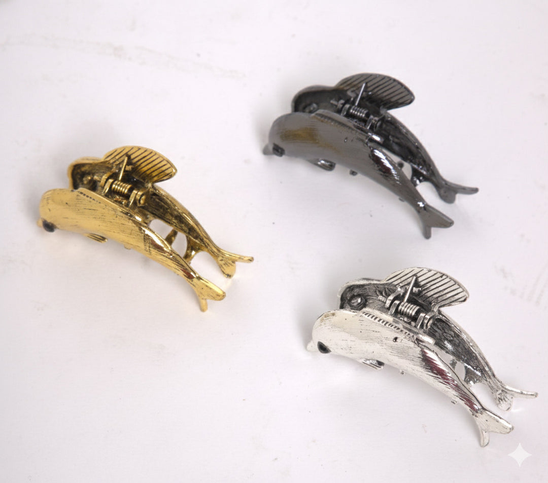 Radhu & Kabby Dolphin Design Metal Claw Clips | Elegant & Sturdy Hair Accessories for Women | Gold, Silver, Black | Pack of 3