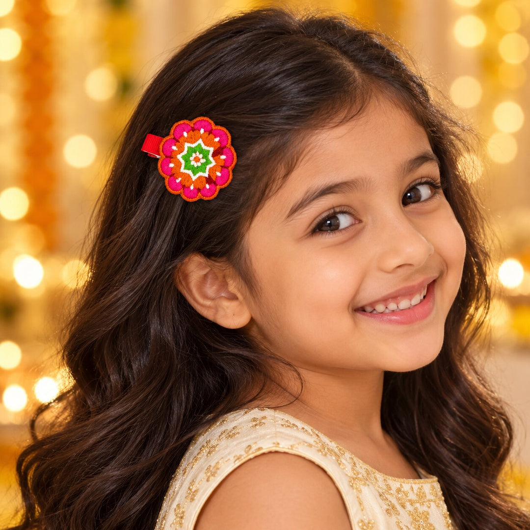 Radhu & Kabby Diwali Embroidered Hair Clips for Girls & Women | Festive Rangoli & Decorative Hair Accessories | Set of 4