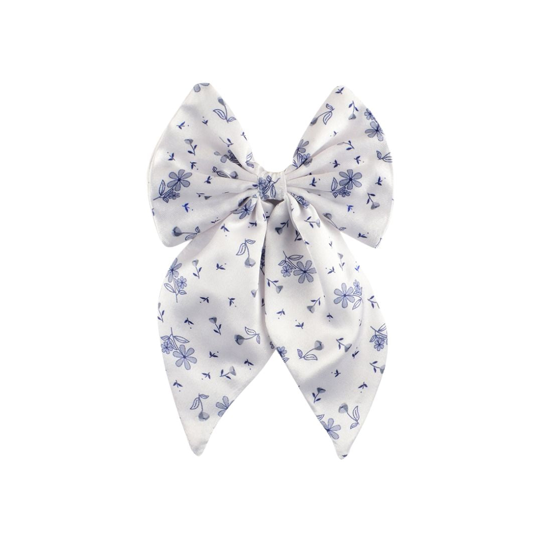 Satin Floral White Print Hair Bow Clip For Women & Girls Set of 1