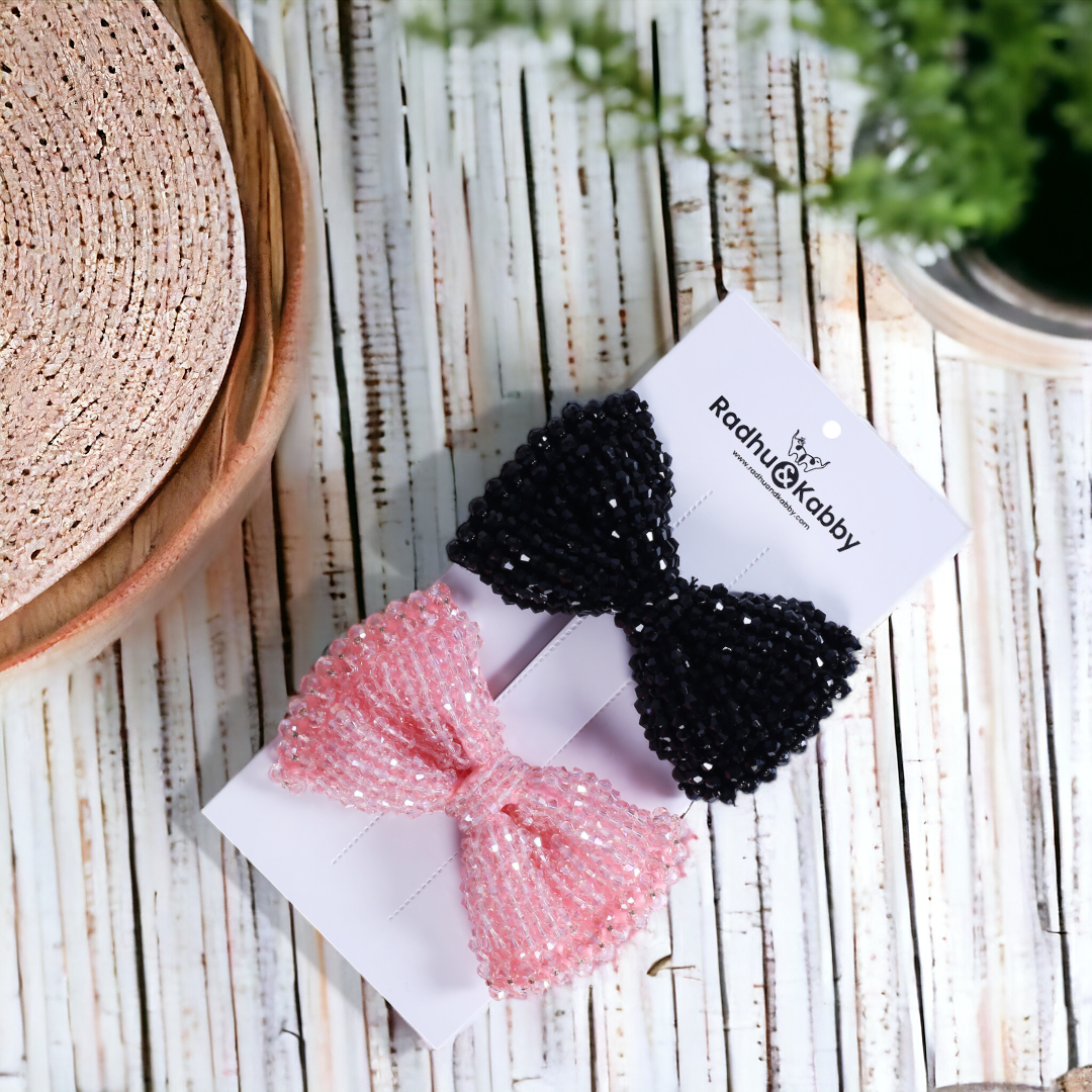 Crystal Beaded Hair Bows Black & Pink Hair Clips for Women Set of 2