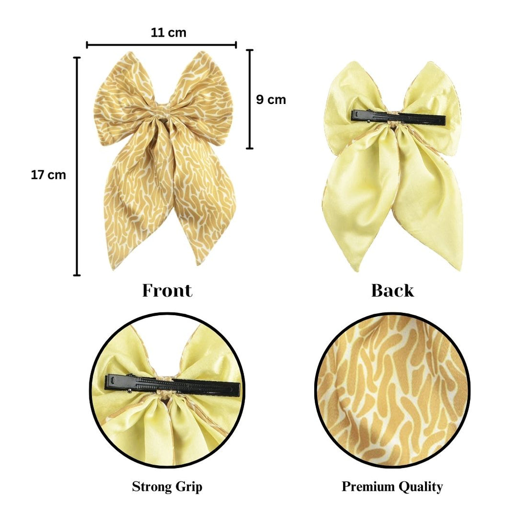 Satin Gold Patterned Hair Bow Clip For Women & Girls Set of 1